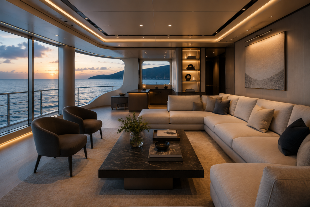 Luxury yacht interior illustrating acoustics consultancy, noise reduction and onboard comfort.