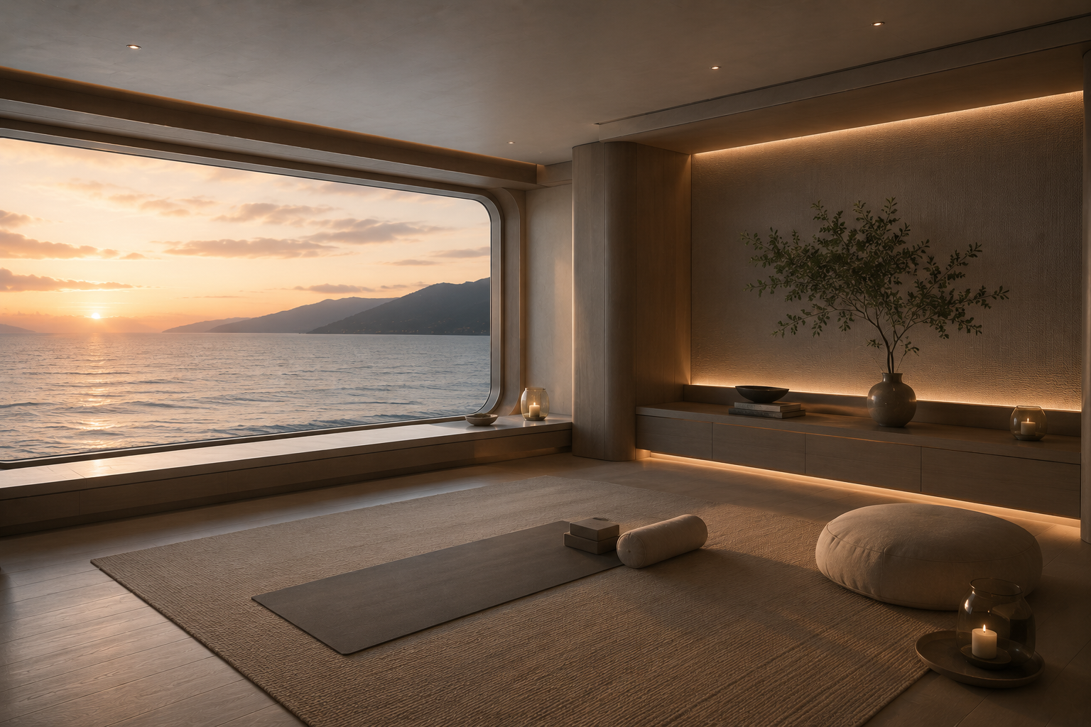 Quiet yacht interior demonstrating acoustic comfort and onboard wellbeing.